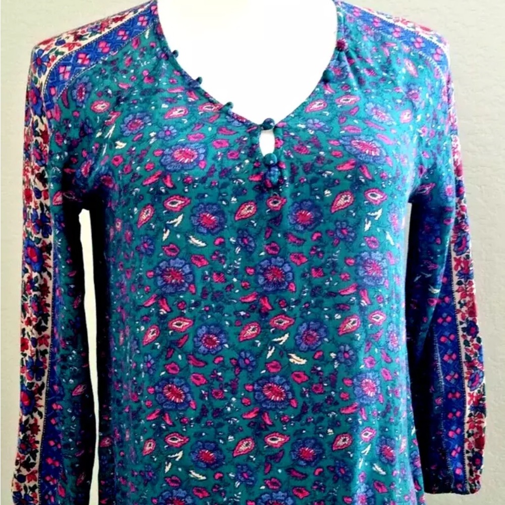 LUCKY BRAND Sz Small S Green Floral Boho Shirt